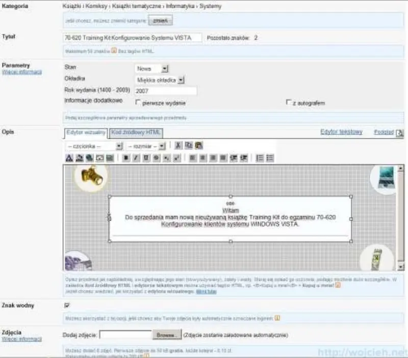 Uzupełnienie opisu aukcji