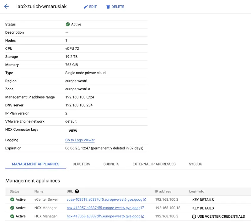 GCVE Cluster Details